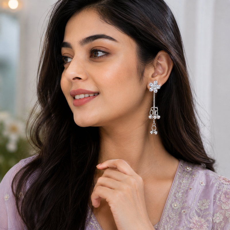 Kashmiri Cute Silver Tone Flower Dangling Earrings✨