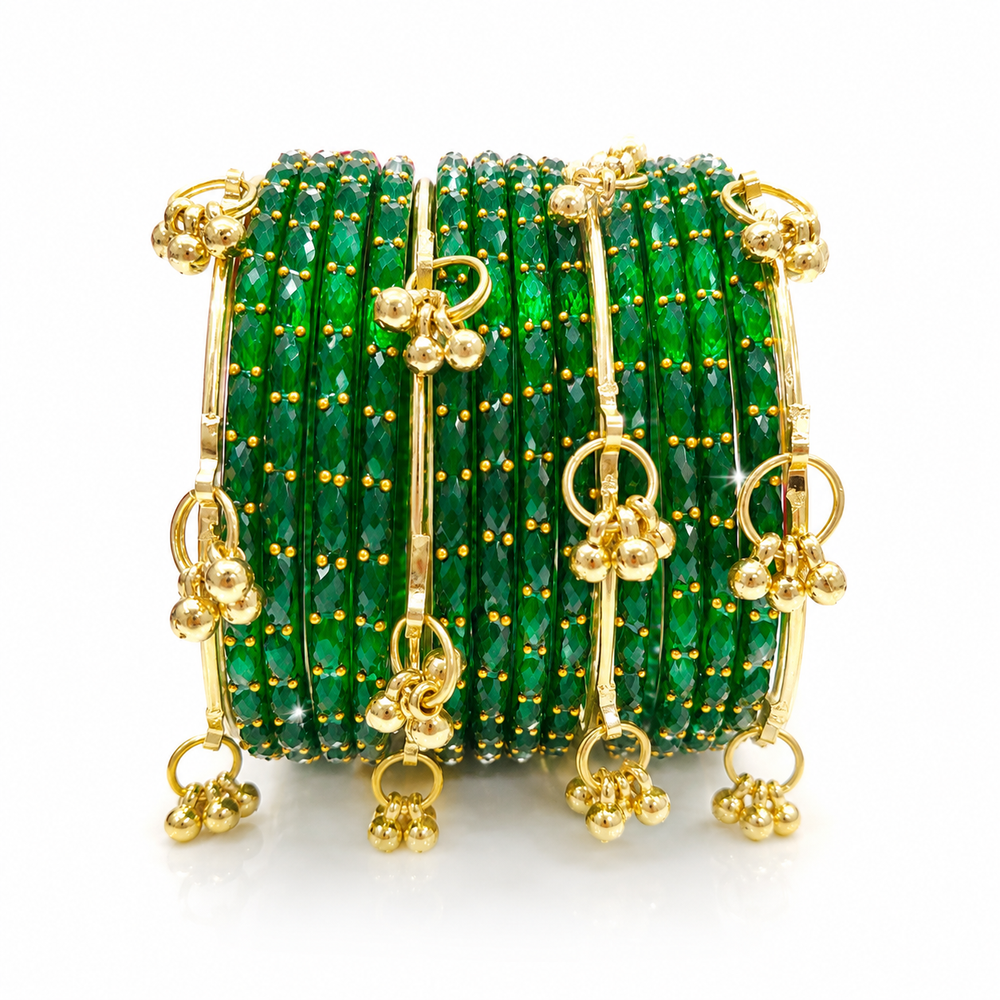 Sawan Special Green Raindrops Bangles with Kashmiri Golden Bangles – Set of 20 Pcs