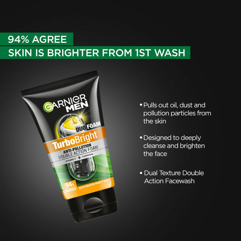 Garnier Men, Face Wash, Brightening & Anti-Pollution, TurboBright Double Action, 150 g