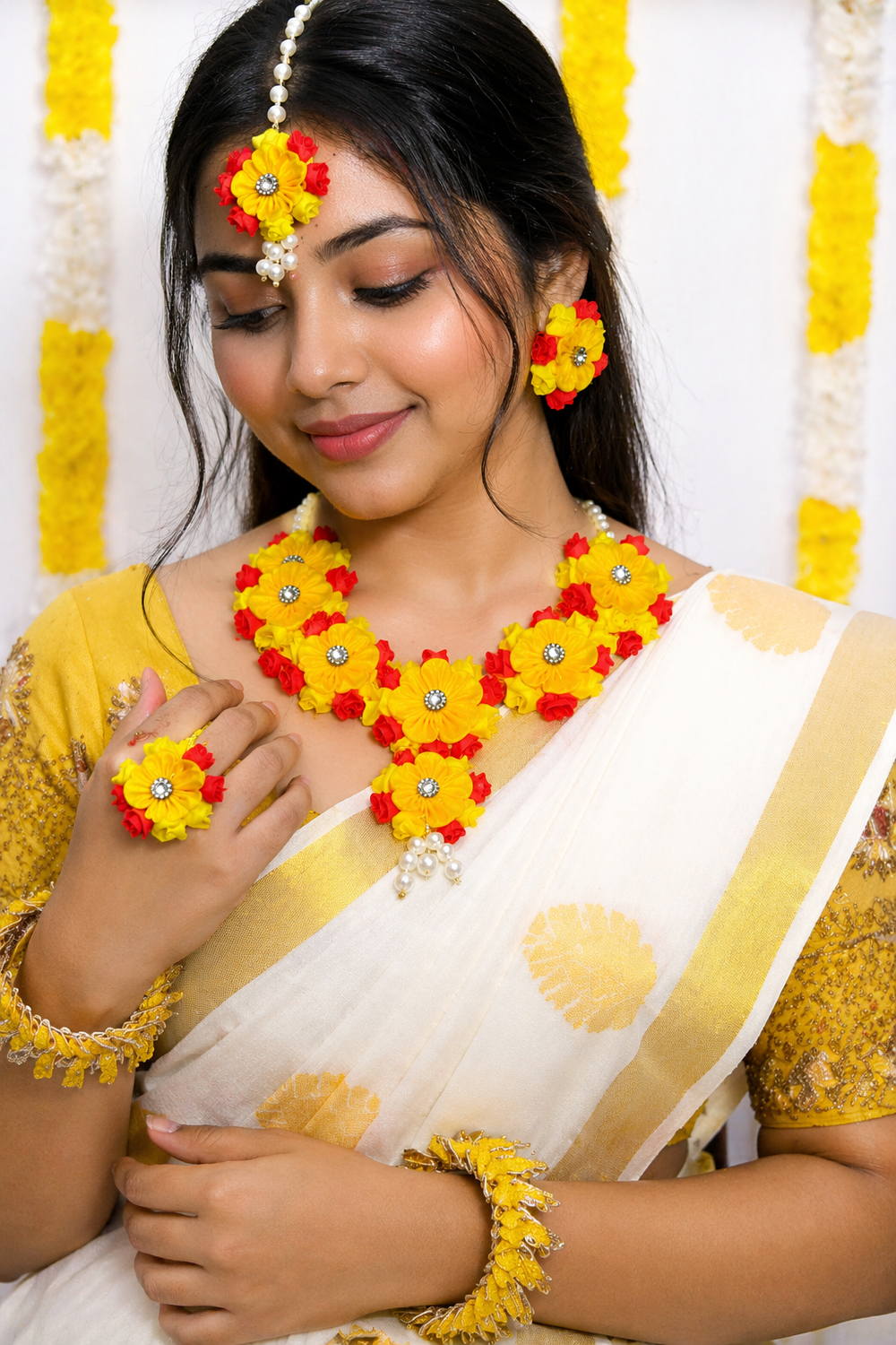 Bridal Haldi Jewellery Set with Matching Bangles – Handmade Floral Accessories