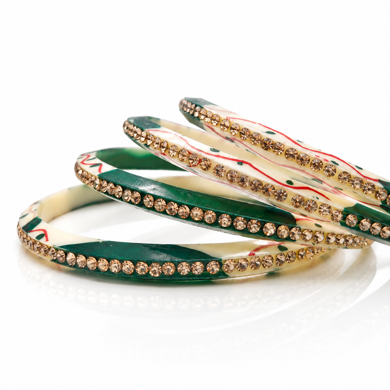 Traditional Green Stone Work Bangles for Women | Lightweight Fashion Bangles | Pack of 4 Pcs