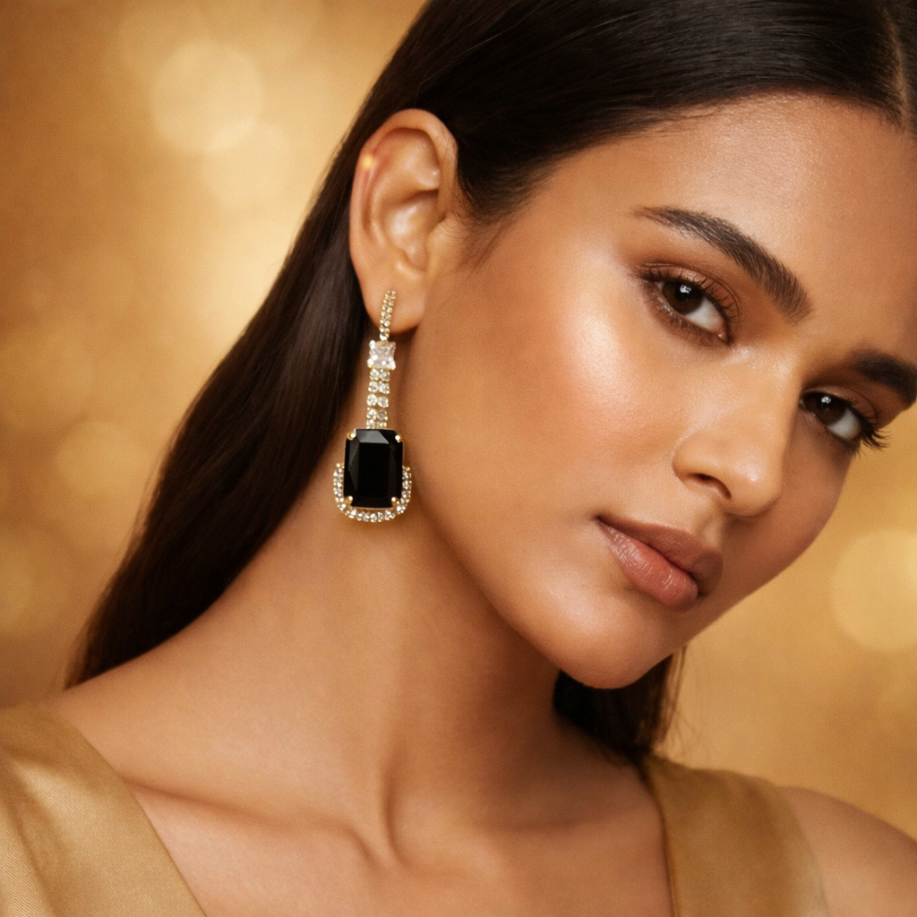 Anti-Tarnish Crystal & Black Stone Earrings