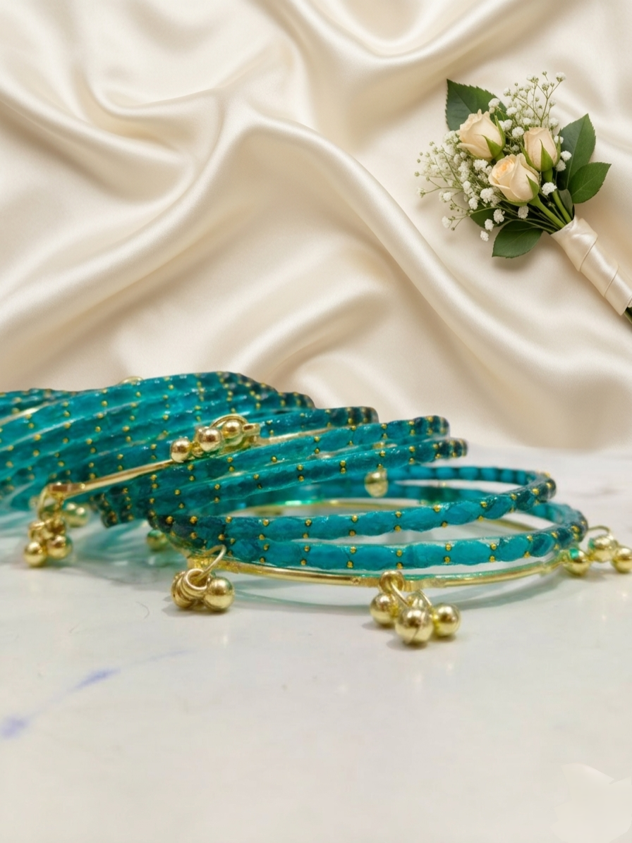 Luxury Teal Green Kashmiri Bangles Set with Gold Ghungroo Charms✨