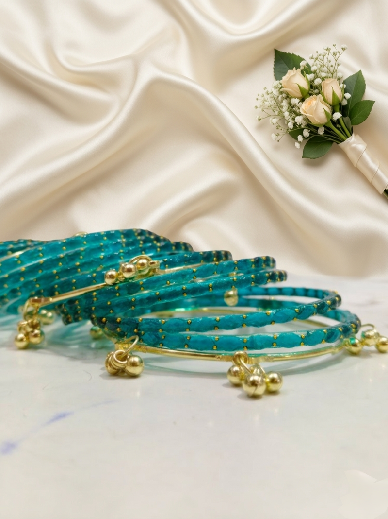 Luxury Teal Green Kashmiri Bangles Set with Gold Ghungroo Charms✨