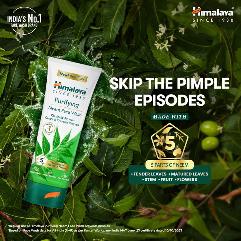 Himalaya Purifying Neem Face Wash|Clears and Prevents Pimples & Acne|Made with 5 parts of Neem|New & Best Ever clinically Proven formula|Gently Cleanses|For men and women|100 ml