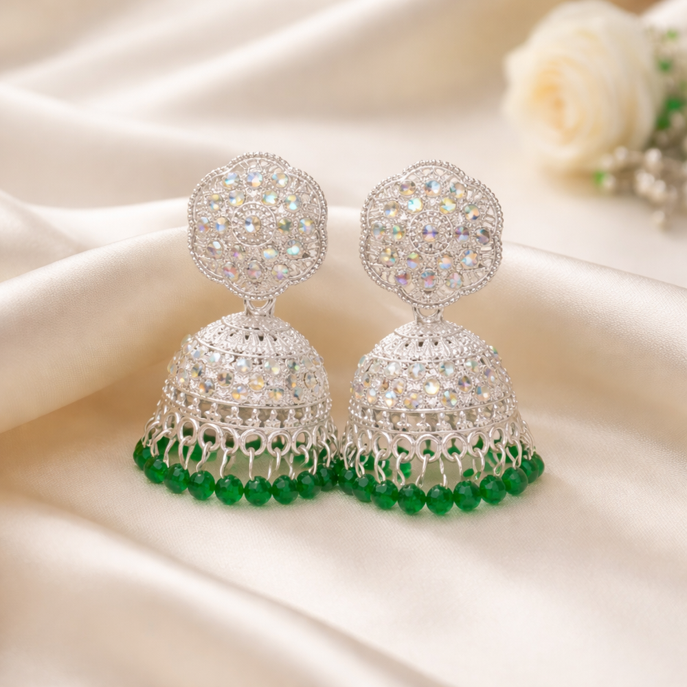 Anti-Tarnish Jhumka Earrings with Sparkling Stones & Green Beads✨