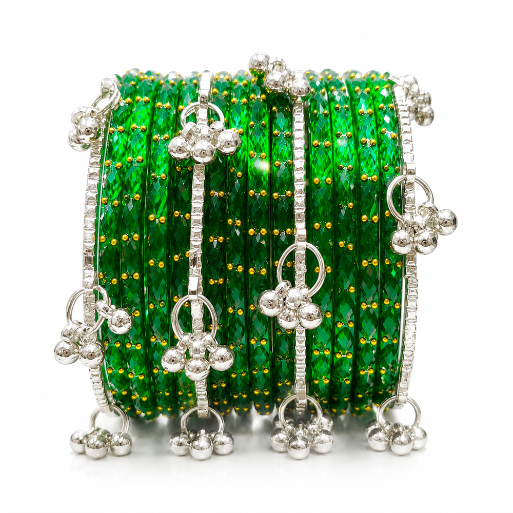Green Raindrop Bangles with Kashmiri Silver Bangles Set for Women – 20 Pcs