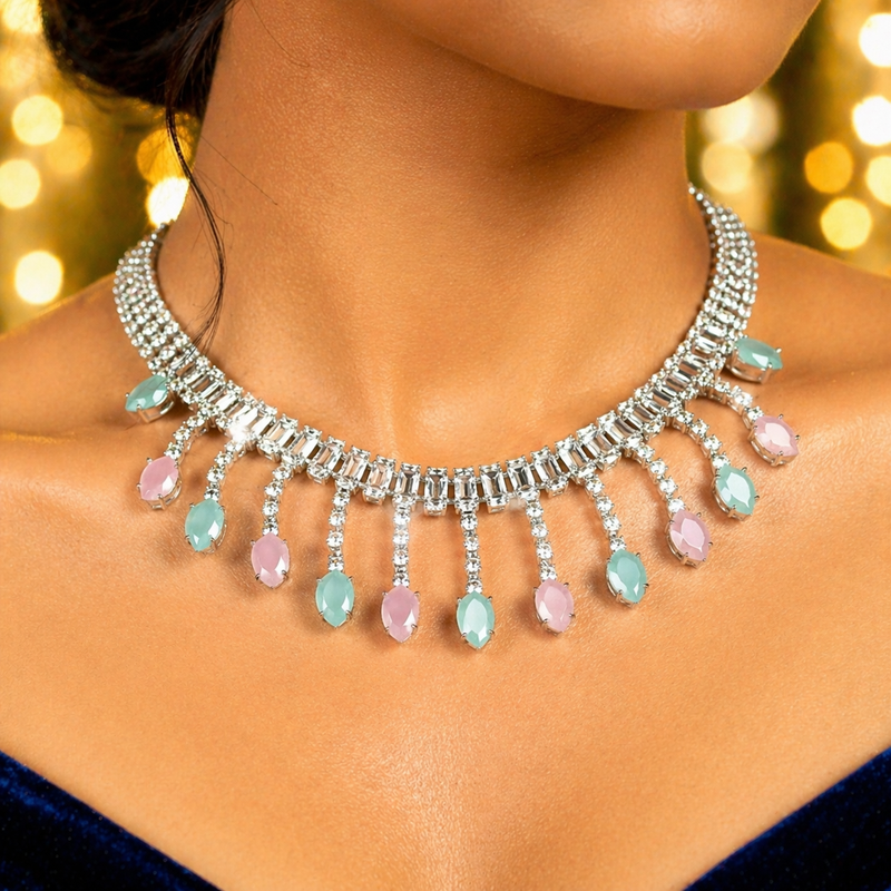 Luxury Anti-Tarnish Crystal Jewellery Set – Diamond Finish Necklace with Matching Earrings