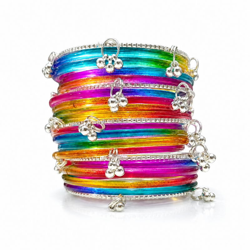 Trendy Multi Colour Bangles Set with Silver Kashmiri Ghungroo Charms (Pack of 24)