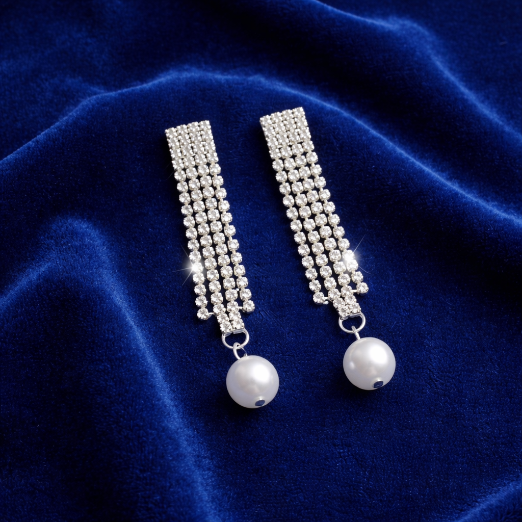 Anti-Tarnish Crystal Tassel Earrings with Pearl Drop – Long Luxury Design
