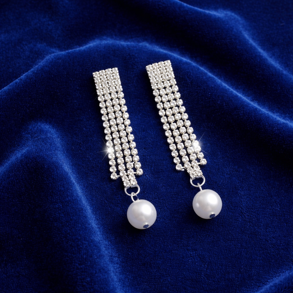Anti-Tarnish Crystal Tassel Earrings with Pearl Drop – Long Luxury Design