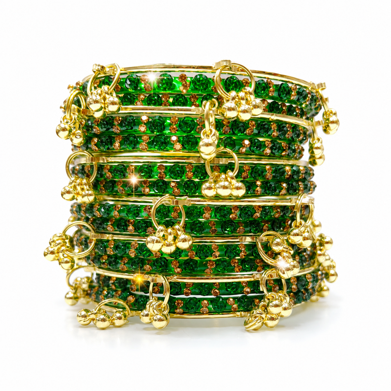 Green Rose Design Glass Bangles with Kashmiri Golden – Festive Collection|set of 20 Pcs