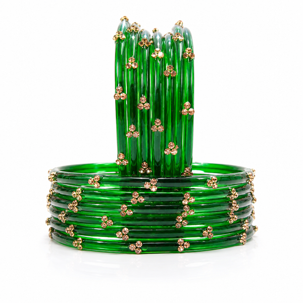 Sawan Special Green Glass Bangles|Set of 12 Pcs
