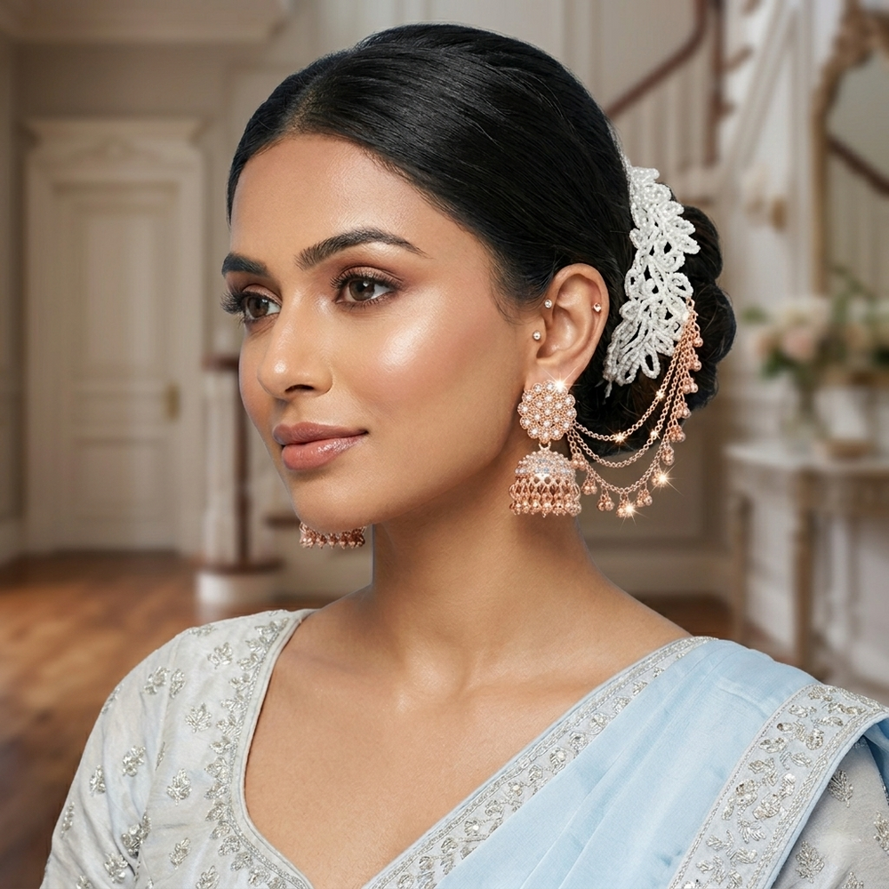 Anti-Tarnish Crystal Jhumka Earrings with Side Lari Chain