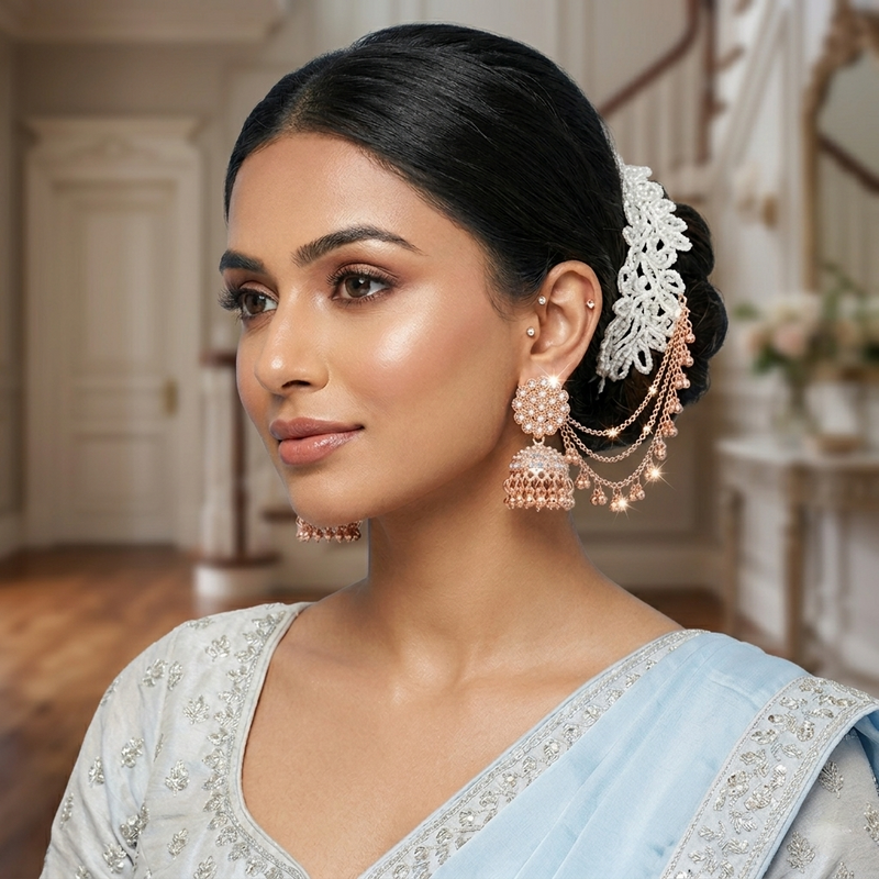 Anti-Tarnish Crystal Jhumka Earrings with Side Lari Chain