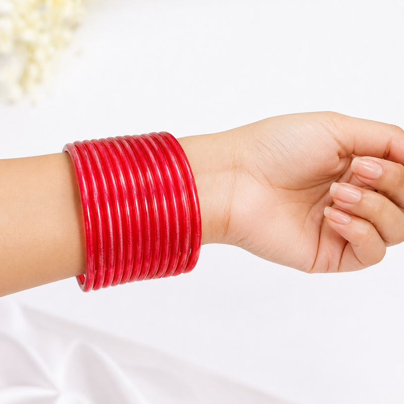 Trendy Transparent Jelly Bangles Set of 24 – Glossy Designer Stack – Red