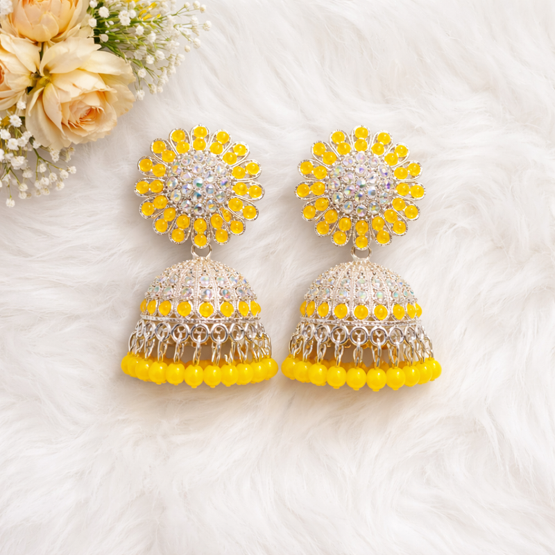 Anti-Tarnish Yellow Jhumka & Maang Tikka Set with Stones