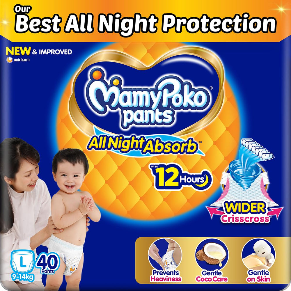 Mamypoko pants All Night Absorb| Pant Style Baby Diapers X- Large Size(XL), 22 Count, Ideal for 12-17Kgs|+50% wider and repeated absorption for all night 12hr protection from leakage |