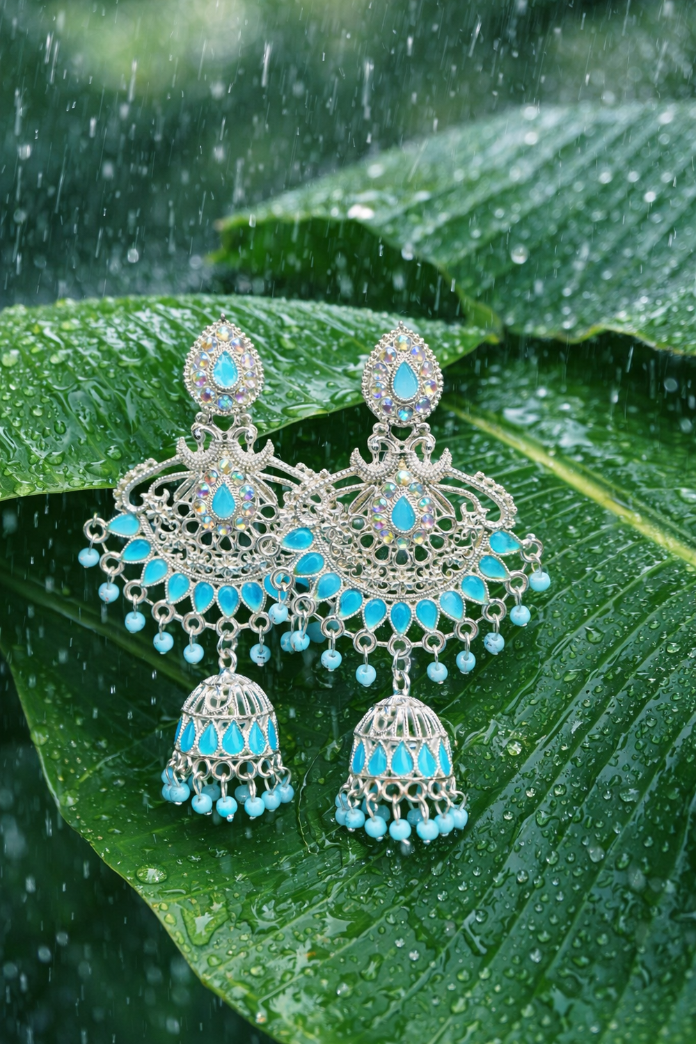 Anti-Tarnish Elegant Aqua Tone Silver Finish Designer Earrings