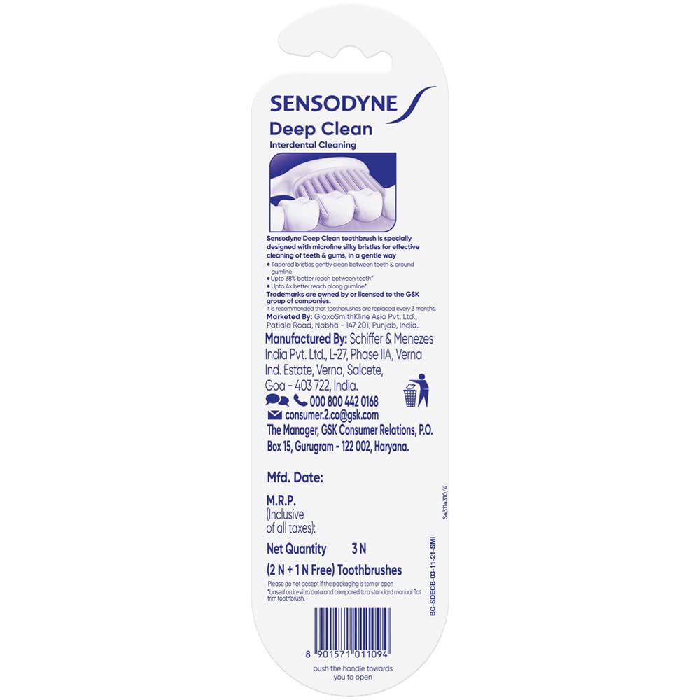 Sensodyne Deep Clean Toothbrush | Extra Soft Bristles Tooth Brush | Effective Cleaning, Gentle on Teeth, Toothbrush Set Pack of 3 (Buy 2 Get 1 Free), Multicolour | Dentist Recommended Brand