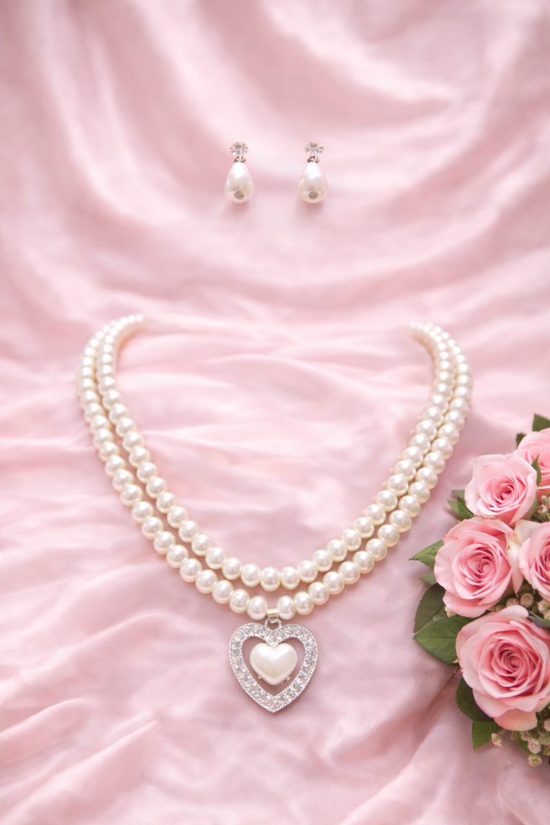 Royal Pearl Double-Strand Necklace Set with Heart-Shaped Crystal Pendant – Premium quality