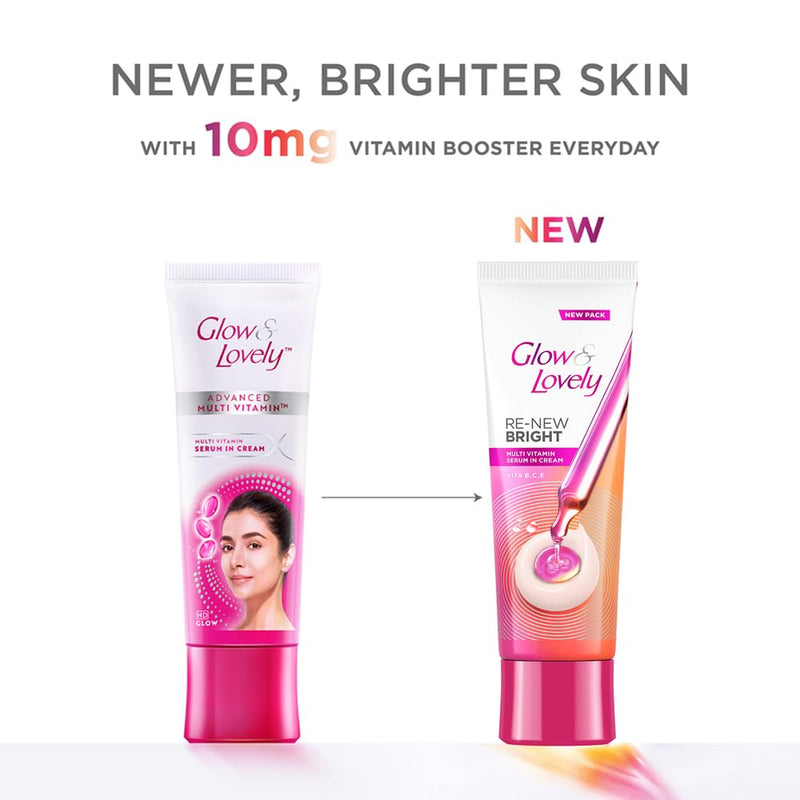 Glow & Lovely Renew Bright Multivitamin Serum In Cream | Vitamins B,C And E | Renews Skin Cells |Bright And Healthy Skin | Clinically Proven Formula Is Dermatologically Tested | 80G 