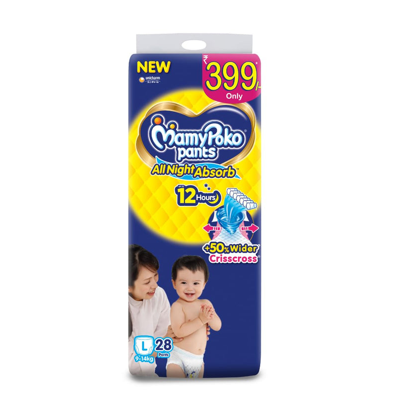 MamyPoko Pants All Night Absorb Baby Diapers, Large (L), 28 Count 9-14 kg