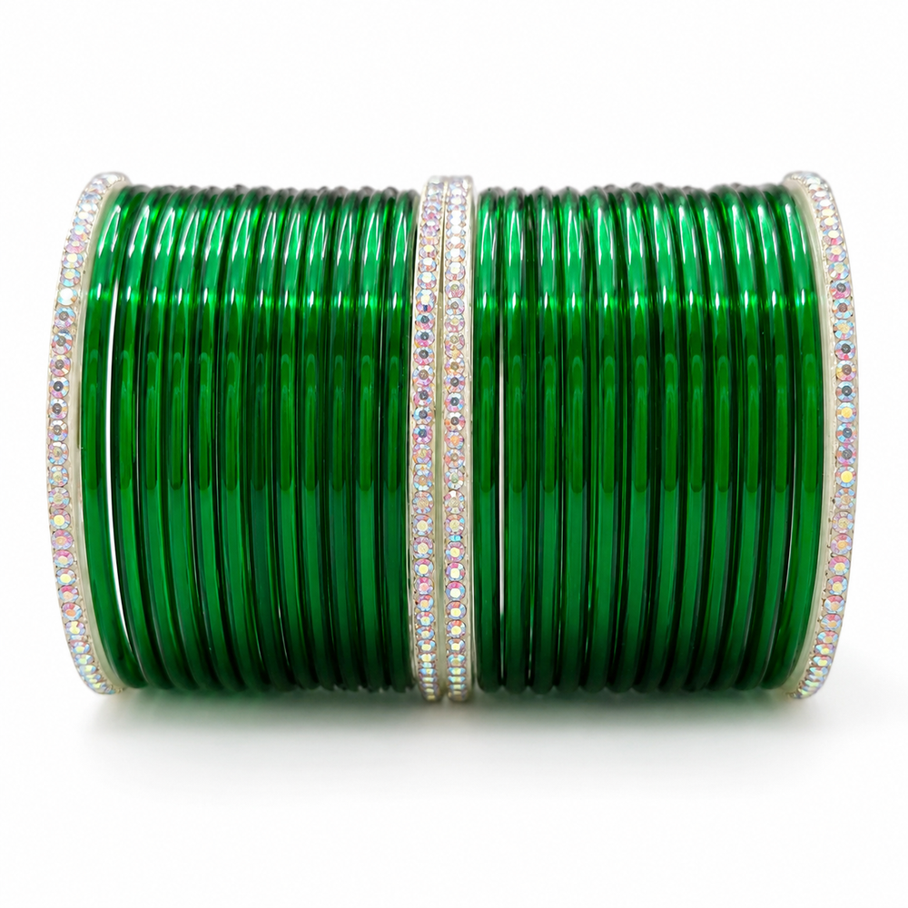 Sawan Collection Green Glass Gopi Bangles – Set of 28 Pcs