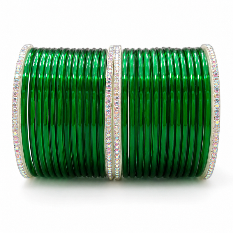 Sawan Collection Green Glass Gopi Bangles – Set of 28 Pcs