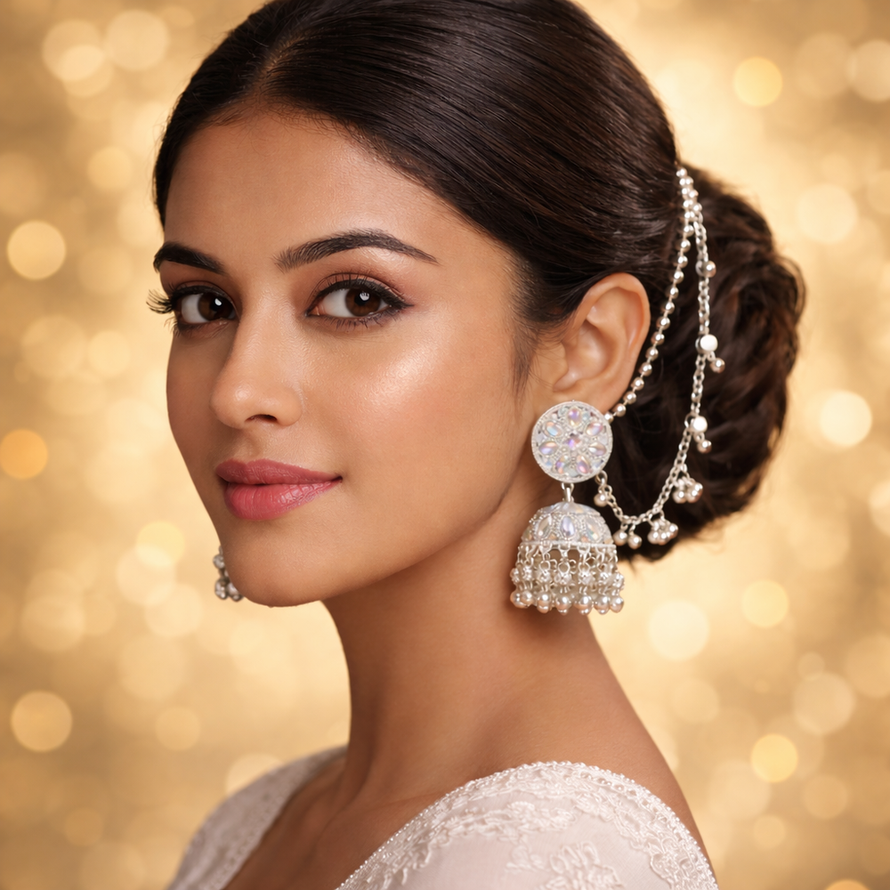 Luxury Anti-Tarnish Crystal Jhumka Earrings – Silver Ethnic Design