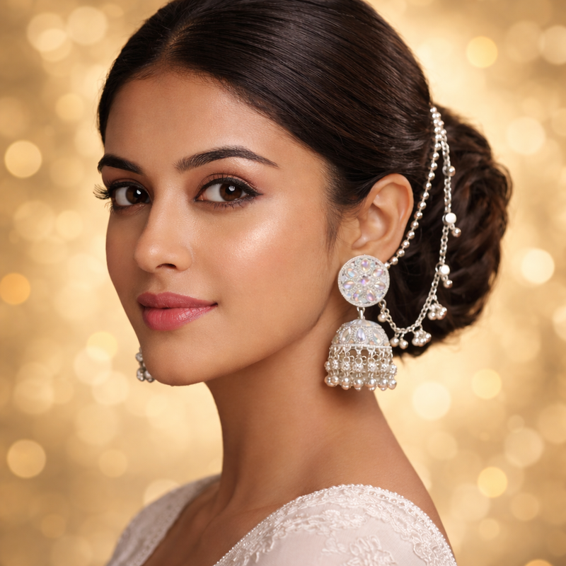 Luxury Anti-Tarnish Crystal Jhumka Earrings – Silver Ethnic Design
