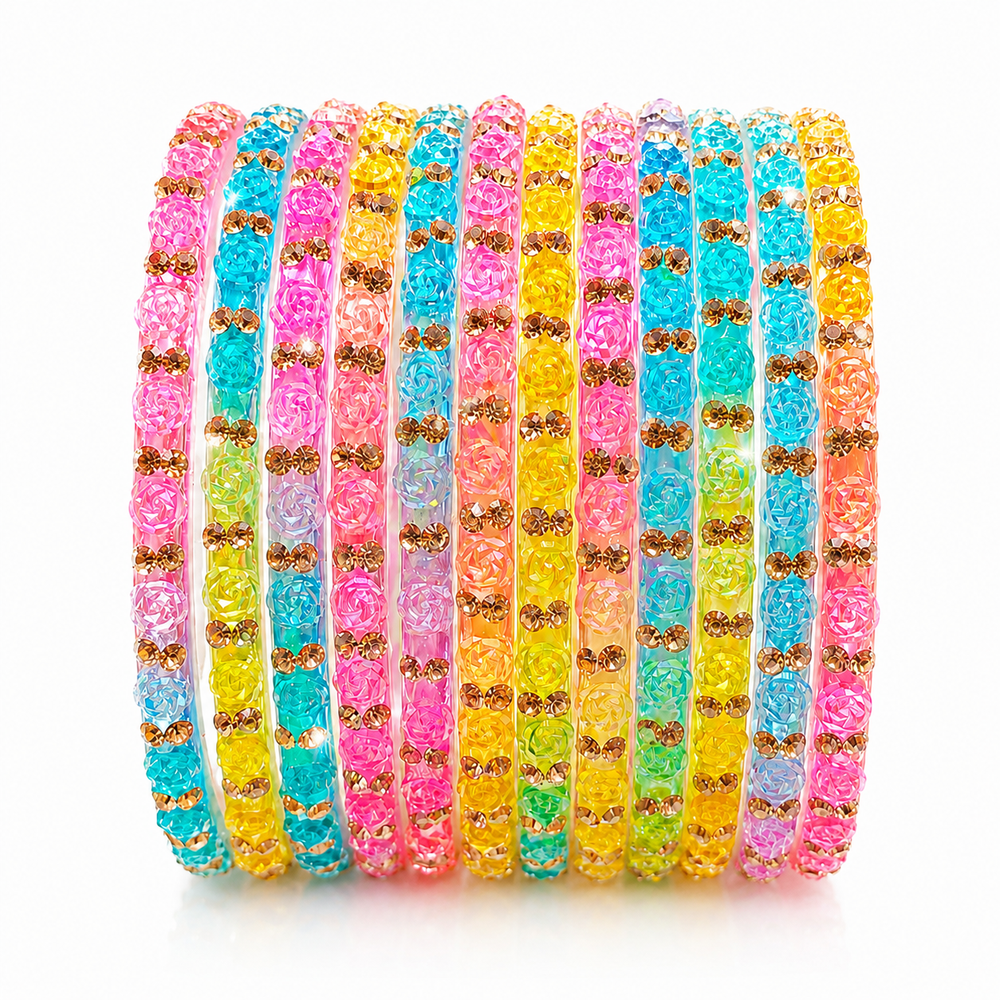 New Multi Colour Rose Design Bangles for Women and girls| (Set of 12)