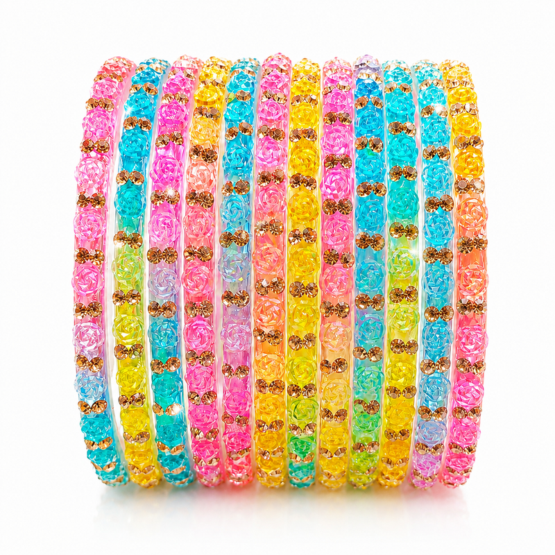 New Multi Colour Rose Design Bangles for Women and girls| (Set of 12)