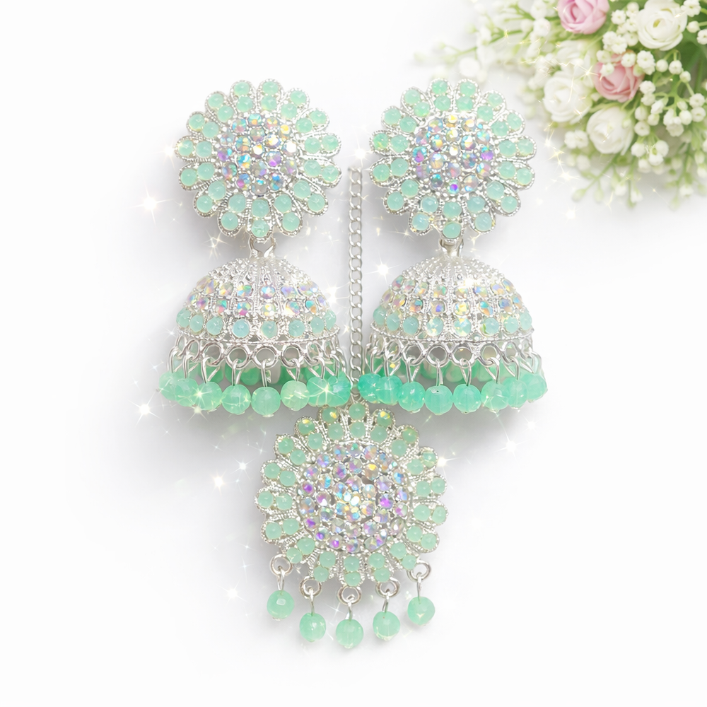 Mint Green Anti-Tarnish Jhumka Earrings & Maang Tikka Set✨
