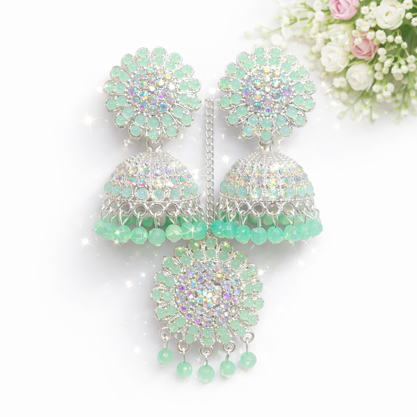 Mint Green Anti-Tarnish Jhumka Earrings & Maang Tikka Set✨