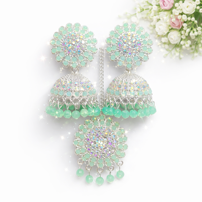 Mint Green Anti-Tarnish Jhumka Earrings & Maang Tikka Set✨