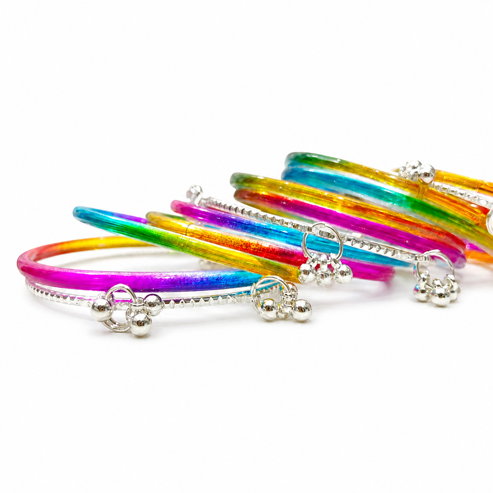 Trendy Multi Colour Bangles Set with Silver Kashmiri Ghungroo Charms (Pack of 24)