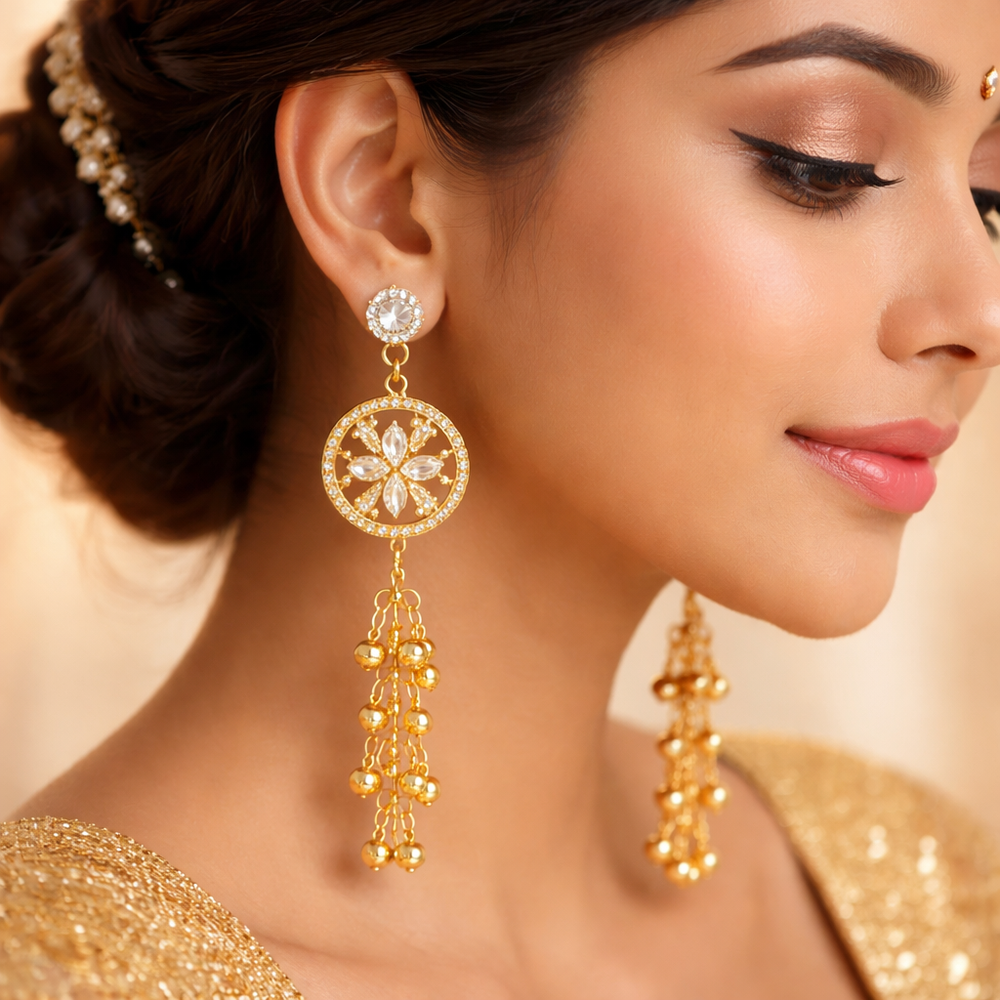 Traditional Kashmiri Style Long Earrings with Crystal Detailing