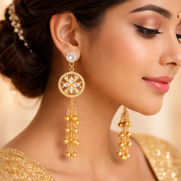 Traditional Kashmiri Style Long Earrings with Crystal Detailing