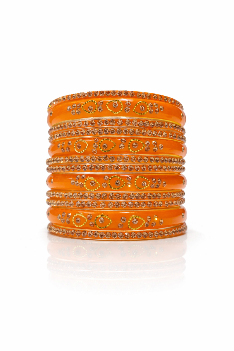 Luxury Haldi Colour Designer Glass Bangles with Crystal Detailing - Set of 12