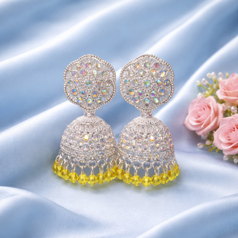 Luxury Anti-Tarnish Silver Jhumka with Yellow Drop Accents✨