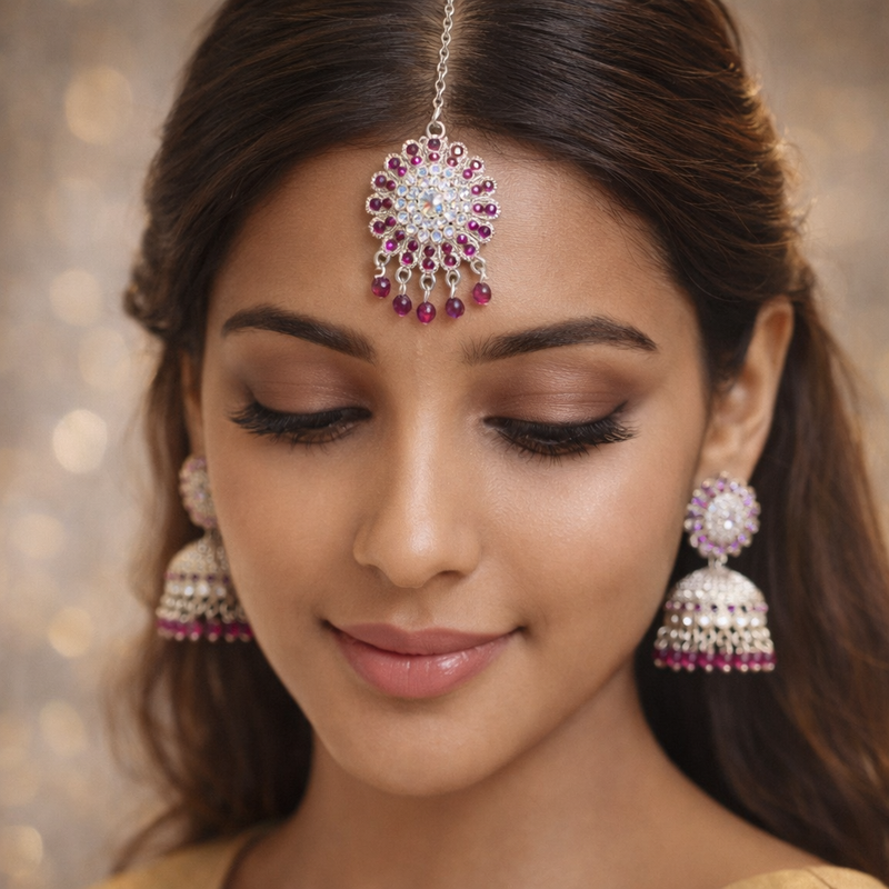 Anti-Tarnish Mehrun Stone Jhumka Earrings with Matching Maang Tikka💖