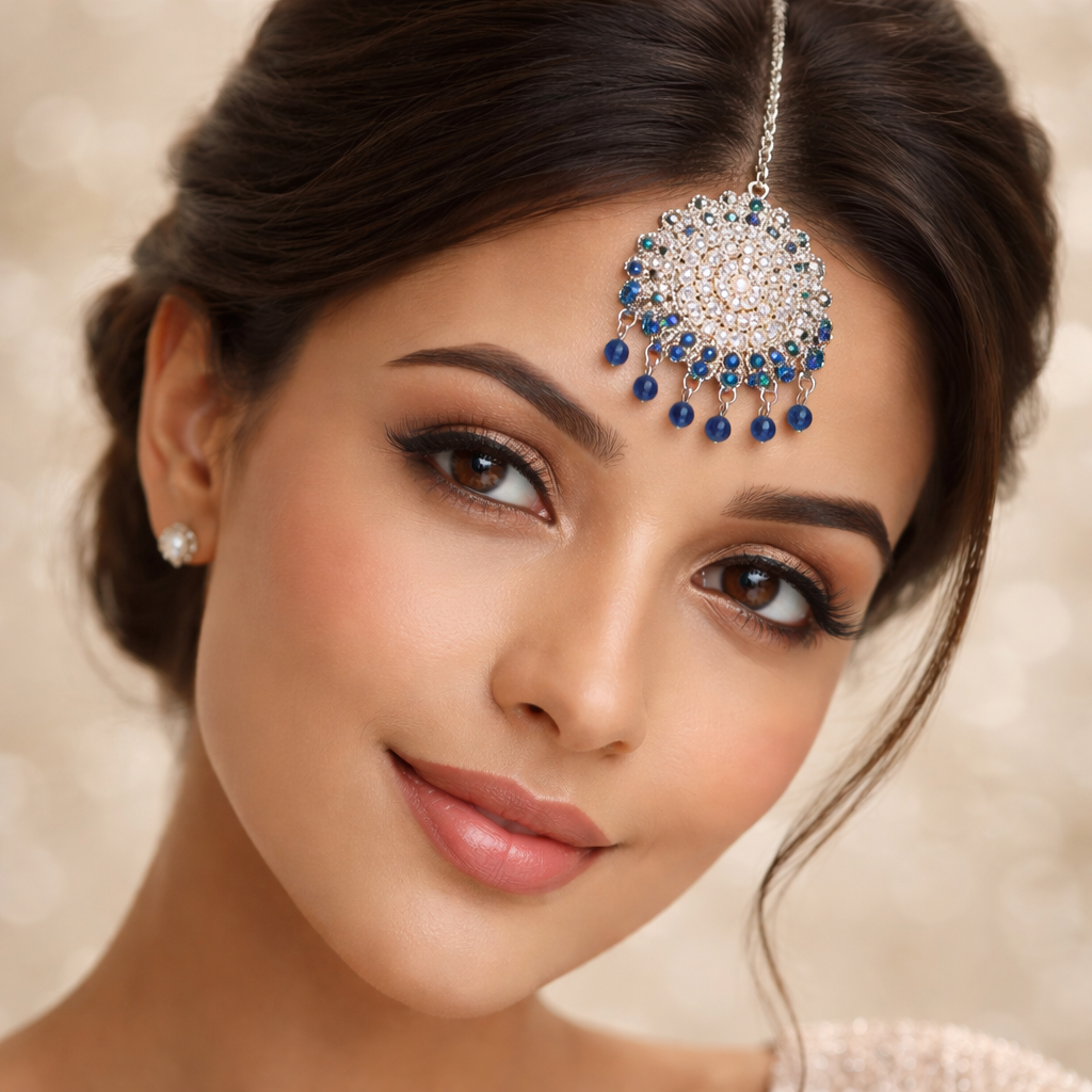 Anti-Tarnish Blue Stone Jhumka Earrings with Matching Maang Tikka✨