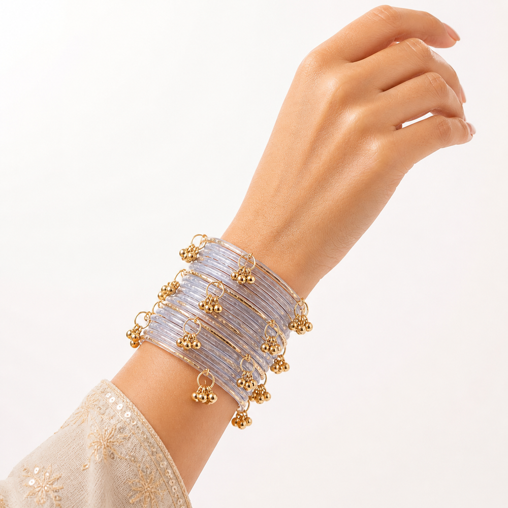 Jelly Kashmiri Bangles with Golden Ghungroo Design – Grey colour