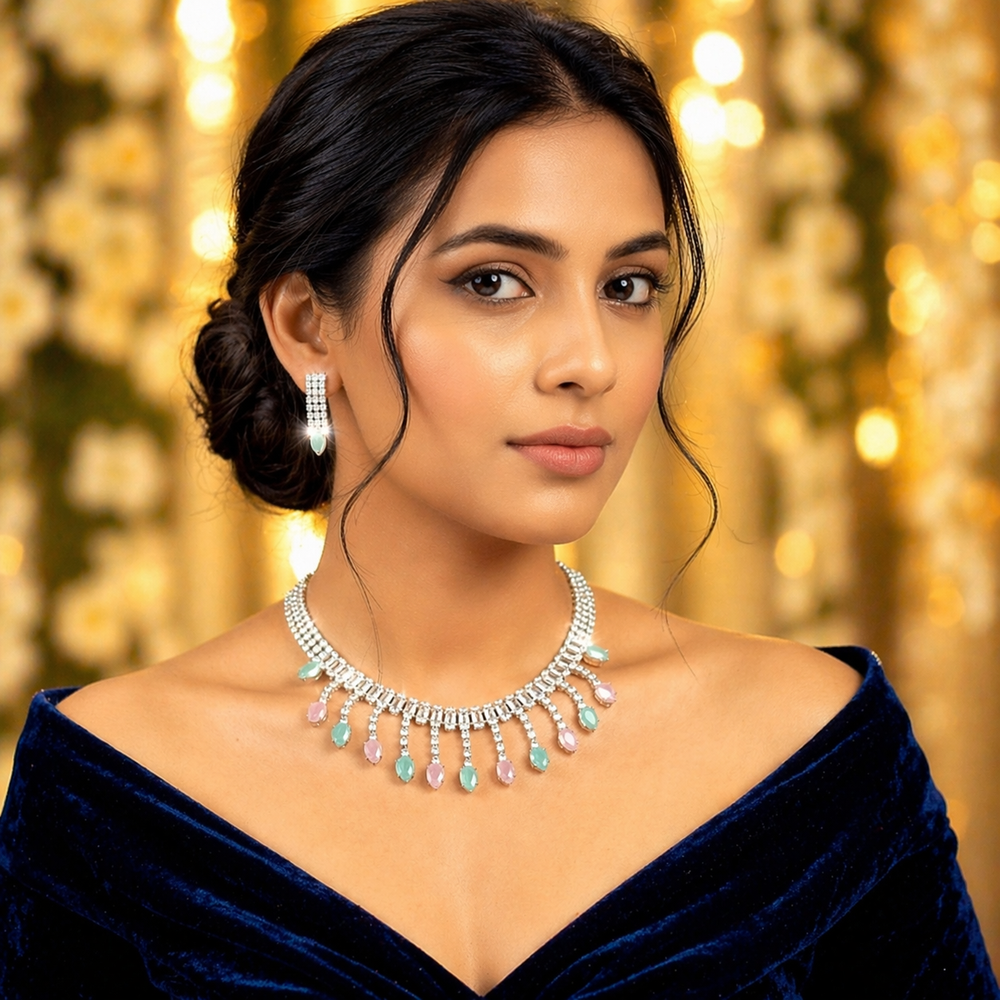 Luxury Anti-Tarnish Crystal Jewellery Set – Diamond Finish Necklace with Matching Earrings