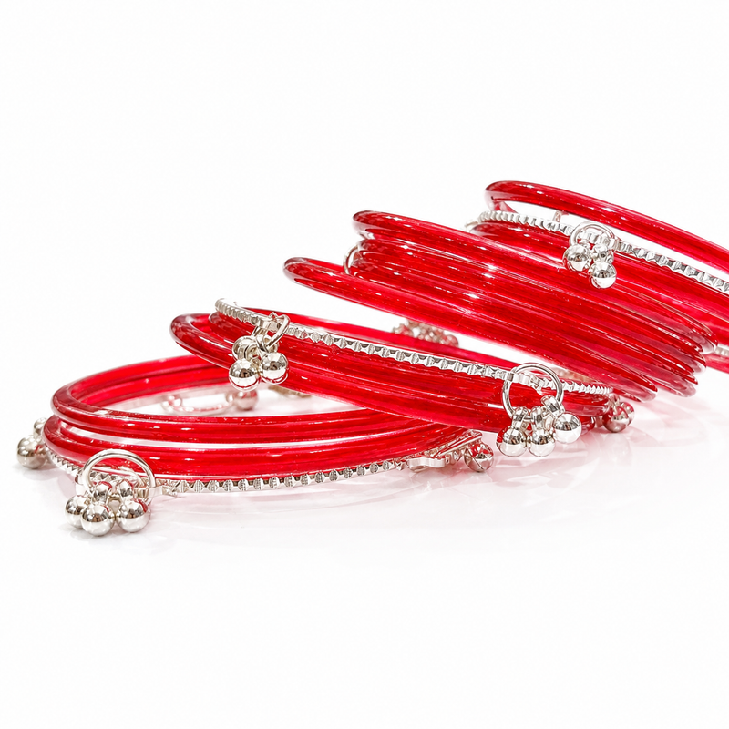 Red Transparent Bangles with Golden Ghungroo Design – Trendy Kashmiri Style Chudi Set
