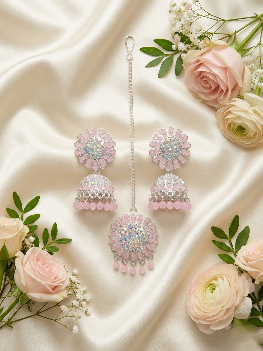 Baby Pink Crystal Anti-Tarnish Ethnic Jhumka Combo with Maang Tikka set✨