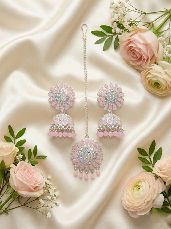 Baby Pink Crystal Anti-Tarnish Ethnic Jhumka Combo with Maang Tikka set✨