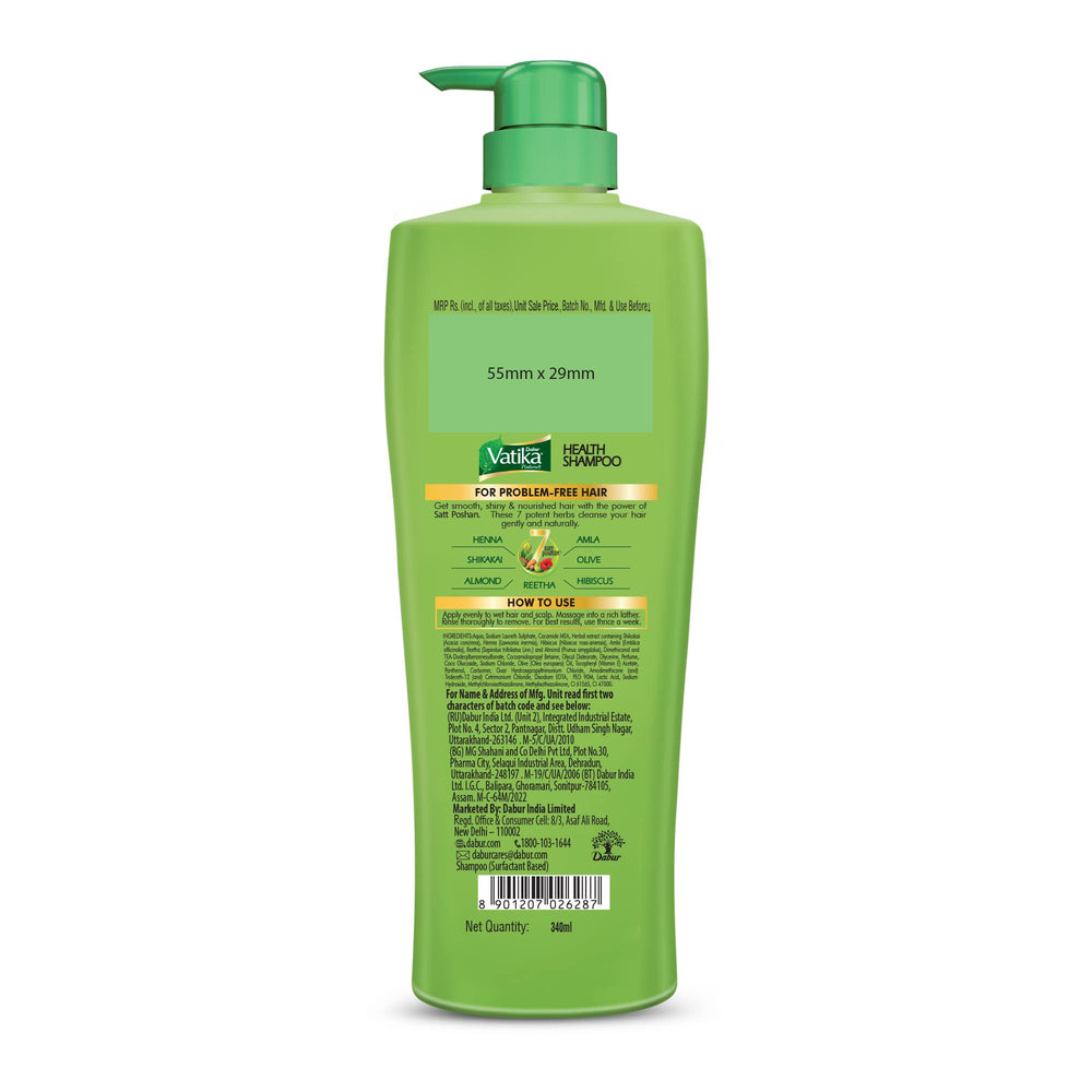 Dabur Vatika Health Shampoo - 340ml | For Smooth, Shiny & Nourished Hair | Repairs Hair damage, Controls Frizz | For All Hair Types | Goodness of Henna & Amla