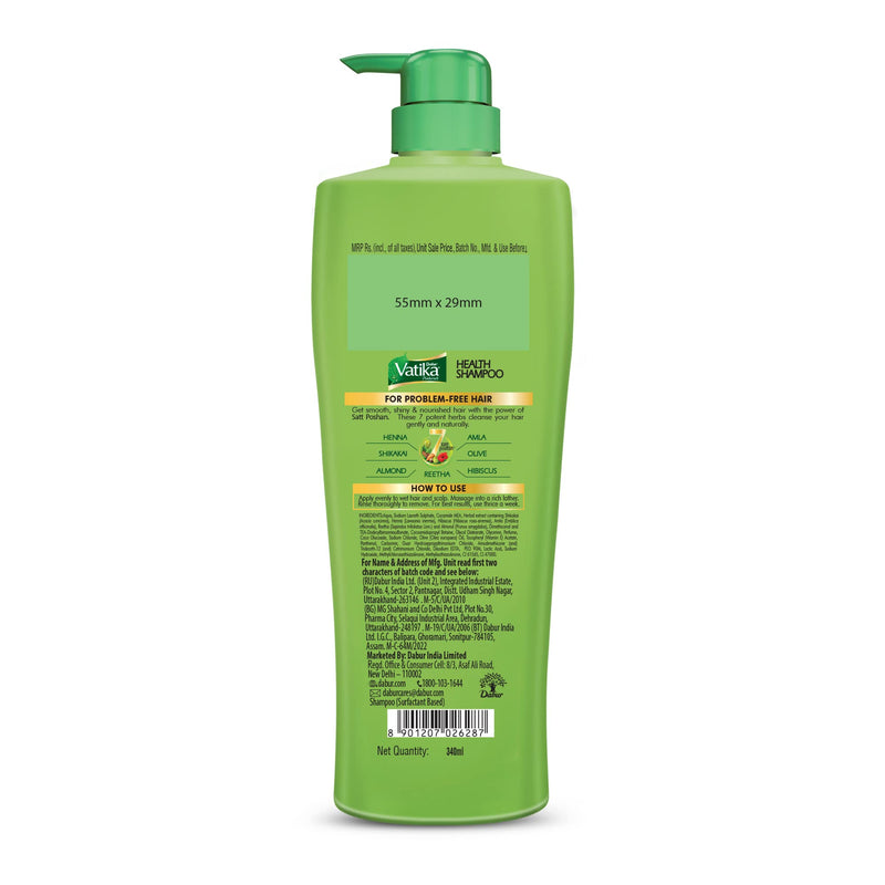 Dabur Vatika Health Shampoo - 340ml | For Smooth, Shiny & Nourished Hair | Repairs Hair damage, Controls Frizz | For All Hair Types | Goodness of Henna & Amla